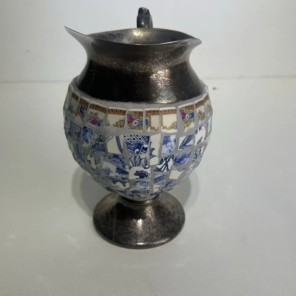 silver plated pique assiette mosaic Ceramic Tile footed pitcher Handmade Decor
